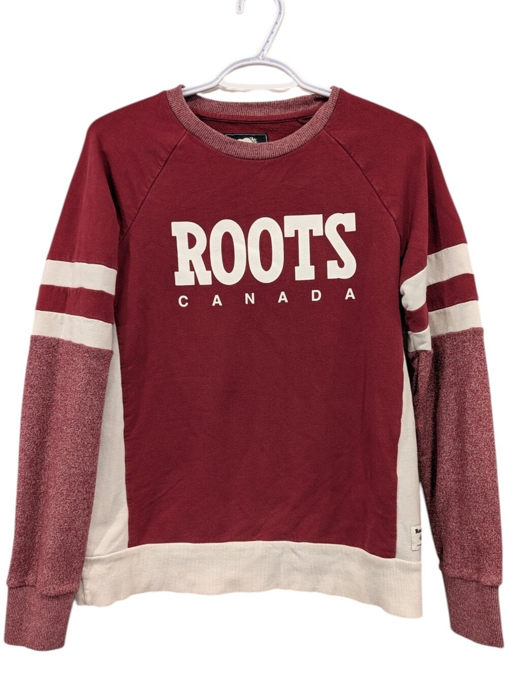 Roots Canada Burgundy Red Logo Crewneck Sweatshirt Small S Varsity Striped